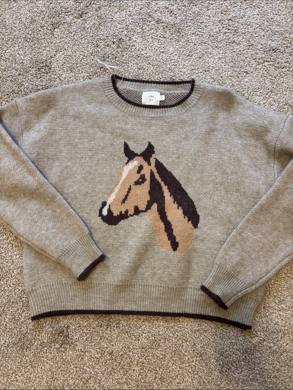 Horse Intarsia Crewneck Sweater - Taupe